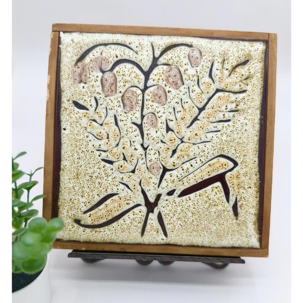 Vintage Ceramic Tile Wall Art Trivet Yellow Flowers Wood Frame Rustic Decor 6.5”
